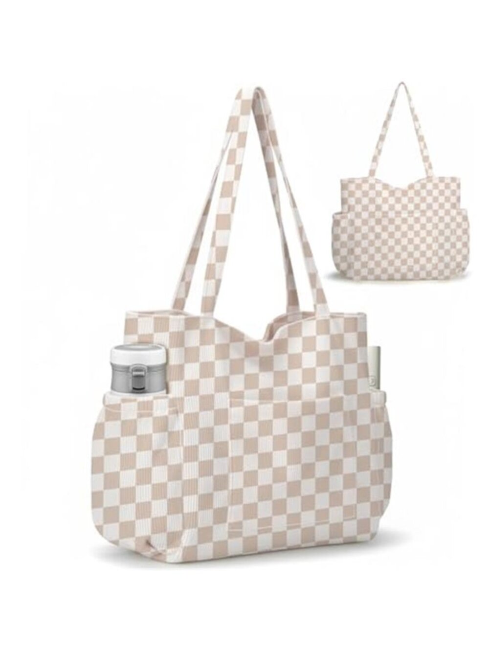 Checkerboard Corduroy Tote Bag Large Capacity Travel Work Shoulder Bag